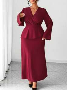 Elenzga Große Größen Damen Burgunderrotes Maxikleid, elegantes Wickelkragen Taille schmeichelndes Kleid für Party, Date, Abschluss, Urlaub, Valentinstag, Musikfestival, Muttertag, Halloween, Thanksgiving, Ostern, Nationalfeiertag, Abschlussball, Datenight, Hochzeitssaison, Outdoor-Ausflug - Bordeaux - Übersicht 4