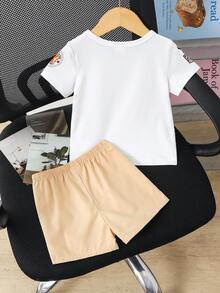 SHEIN Playful Pals 2件套婴幼儿男女通用休闲字母印花上衣和松紧腰工装裤套装，适合0-3岁宝宝，可用于户外运动、休闲外出、购物和旅行，尺码涵盖6个月至2-3岁。 - 白色 - 查看 2