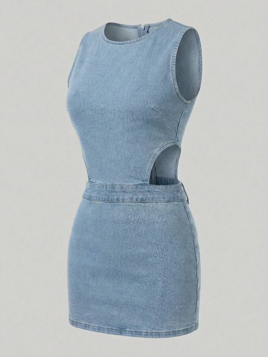 Sweetra 女士 Y2K 修身百搭镂空牛仔紧身连衣裙 - 淺色水洗藍 - 查看 1