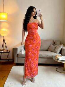 Rafferiza Women's Elegant Ruched Tie Dye Mesh Print Waist Cinching Strapless Party Split Dress - Orange - View 3