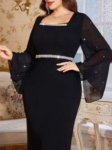 Reflora Đầm ôm dáng thanh lịch dành cho nữ cỡ lớn, cổ vuông, tay xẻ, đính ngọc trai giả, thích hợp cho tiệc tùng và hẹn hò. - màu đen - Xem 6