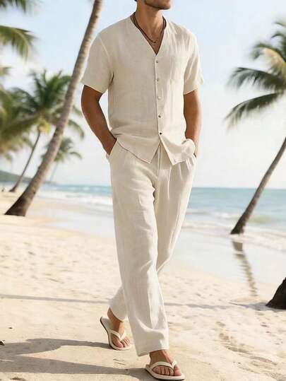 Manfinity RSRT Men's Casual Fashion INS Bestselling Shirt Set, Imitation Linen Fabric, Suitable For Daily Outings, Men's Shirt,Daily Leisure, Weekend Trips, Outdoor Activities, Travel Expeditions, Relaxed Work Environments Or Semi-Formal Occasions, Boyfriend/Husband Gift, Anniversary /Birthday Gift Party Summer Vacation Holiday New Years Wedding Valentine's Day,Linen-Colored Short-Sleeved Shirt And Long Pants Two-Piece Set, Beach Vacation Shirt Set, Summer,Weekend Trips, Outdoor Activities, Travel Expeditions, Relaxed Work Environments Or Semi-Formal Occasions, Boyfriend/Husband Gift, Anniversary /Birthday Gift Party Summer Vacation Holiday New Years Wedding Valentine's Day , Two Piece Linen Set For Men Men Beach Wear Set Men Summer Sweatsuit Beach Clothes For Men White Resort Wear Men
