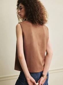 Écloséra 法式复古丝带印花纽扣装饰背心 - 駝色 - 查看 6