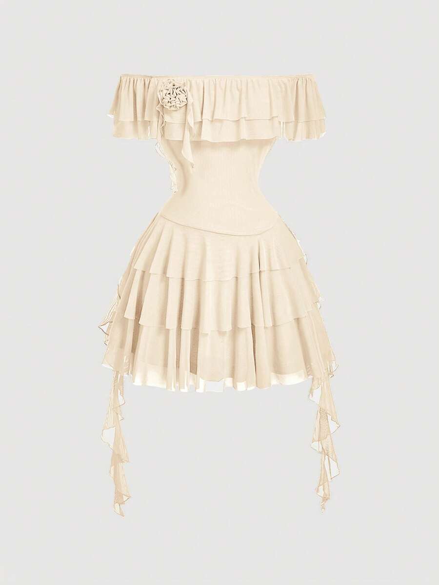 SHEIN MOD 女士纯色荷叶边露肩连衣裙，饰有3D立体花朵图案 - 杏色 - 查看 1