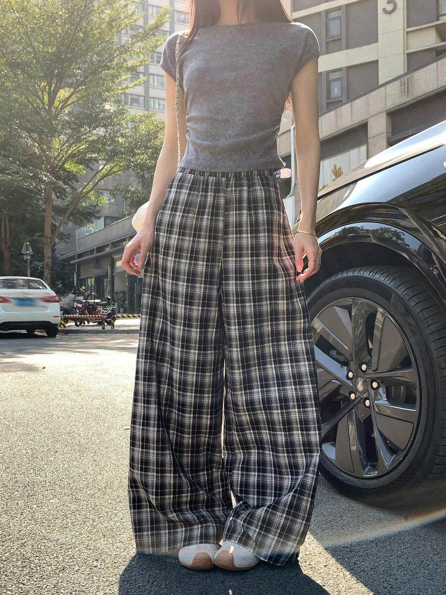 DAZY Women's Round Neck Cap Sleeve T-Shirt And Plaid Wide Leg Pants Casual 2 Pieces Set - Black - View 1