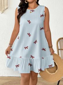 Veykashi Plus Size Bow Striped Print Dress, Suitable For Vacation - Multicolor - View 2