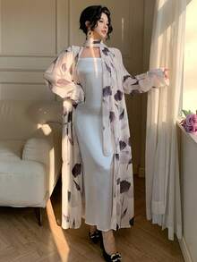 DAZY Printed Long Sleeve Casual Loose Cardigan Dress For Women, Daily Wear - Beige - View 9