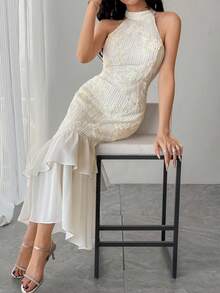 DAZY 女士优雅花卉纹理荷叶边无袖连衣裙，夏季 - 米色 - 查看 5