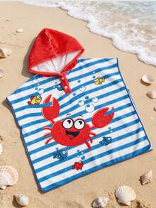 Infant/Toddler Boys' Blue Cartoon Shark Print Hooded Cover Up Towel, Swimwear Cover-Up, Bathrobe, Beach Wrap, Suitable For Swimming, Bath Toddler Beach Cover Up 24 Month Boy Hooded Cover Up Toddler Hooded Cover Up Baby Beach Poncho Crab Design Towel Striped Swim Coverup - Multicolor - View 5