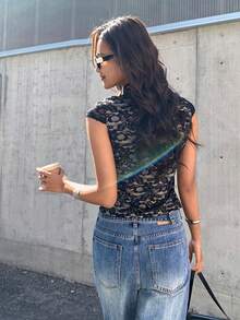 EastFlair 女士蕾丝中式立领黑色短袖上衣 - 黑色 - 查看 7