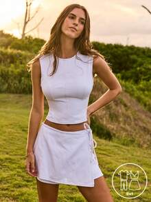 Aralina Conjunto de 2 piezas de verano para mujer con top sin espalda con cuello alto y detalle de lazo, y falda pantalón. Conjunto de dos piezas lindo para el Día de San Valentín, salir, vacaciones, estilo Y2K de Estocolmo - Blanco - Ver 1