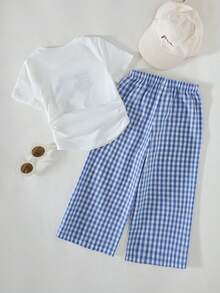 THE HAPPY LOOK 2pcs Young Girl Bow Knit Soft Round Neck Short Sleeve Top And Plaid Pants Set - Multicolor - View 5