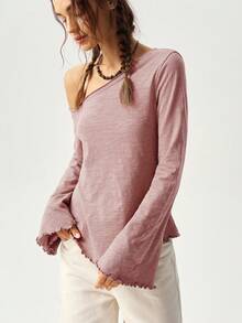 Bohemela Women Solid Color Long Sleeve Asymmetrical Neck T-Shirt, Vacation Style Long Sleeve Tops Women Tops One Shoulder Tops Bell Sleeve Tops Basic Tops - Pink - View 7
