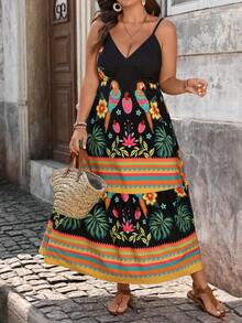 EMERY ROSE Vestido de moda con cintura ceñida y estampado, estilo de vacaciones para mujer de talla grande. Vestido de verano de talla grande con estilo tropical, vestido bohemio de talla grande, vestido de vacaciones de talla grande con estilo español, vestido envolvente para damas, vestido de mujer con descuento de código Ycv9w - Multicolor - Ver 1