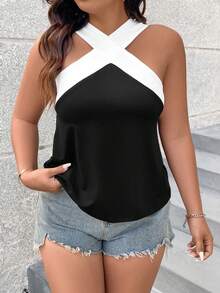 SHEIN PETITE CURVE Áo nữ cỡ lớn phối màu, kiểu dáng đan chéo bằng kim loại, thích hợp mặc hàng ngày. - Đen và trắng - Xem 1