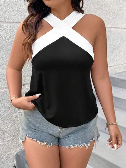SHEIN PETITE CURVE Plus Size Women Patchwork Color Criss-Cross Metal Casual Versatile Daily Wear Top