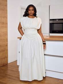 Veslaya 2026 Spring/Summer Plus Size Women Solid Color Round Neck Ruched Waist Simple Dress, Suitable For Vacation, Cruise, Travel, Beach, Party, Banquet, Summer Dresses - White - View 9
