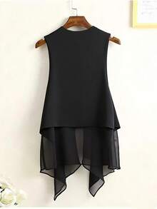 SHEIN LUNE CURVE Plus Size Solid Color Mesh Patchwork Asymmetric Hem Blazer Vest - Black - View 2