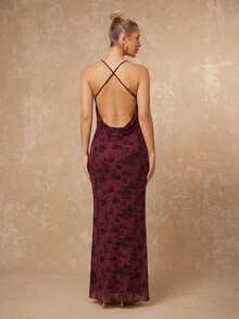 Lumalex 春夏新款女士聚会派对魅力优雅宴会低调奢华闪耀假日派对魅力优雅锐舞节郊游度假热门户外丰富层次婚礼季宴会成人礼花卉3D天鹅绒吊带露背金属链装饰紧身美人鱼连衣裙，适合女士奢华舞会圣诞节新年，女士派对礼服，宰牲节派对，情人节浪漫约会 - 酒紅色 - 查看 3