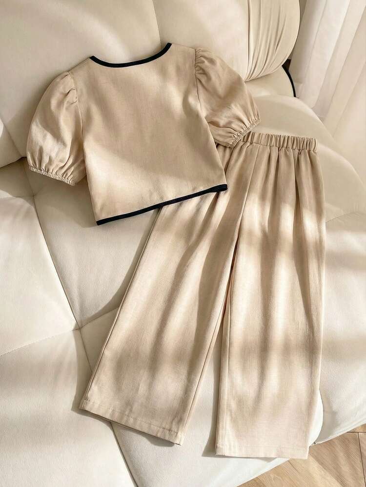 SHEIN Conjunto casual elegante de 2 piezas con blusa de manga abullonada con decoración de lazo de color contrastante y pantalones de pierna ancha para niña joven - Albaricoque - Añade 5