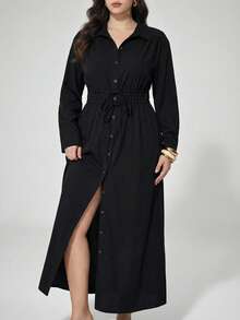 Maija Plus Size Women's Black Long Sleeve Shirt Dress,Autumn Smart Casual Button Up Maxi Dress,Elegant Fashionable Vacation Outfit,Spring Simple Daily Wear - Black - View 5