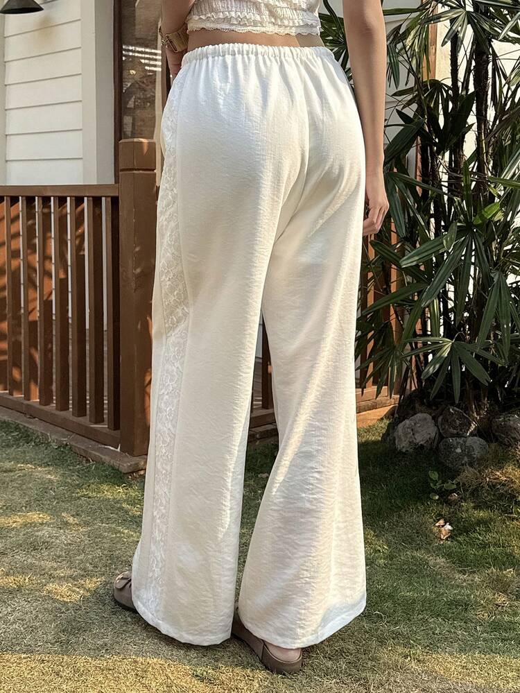 Contrast Lace Elastic Waist Wide Leg Pants, Casual Vacation Wear For Women, Spring/Summer