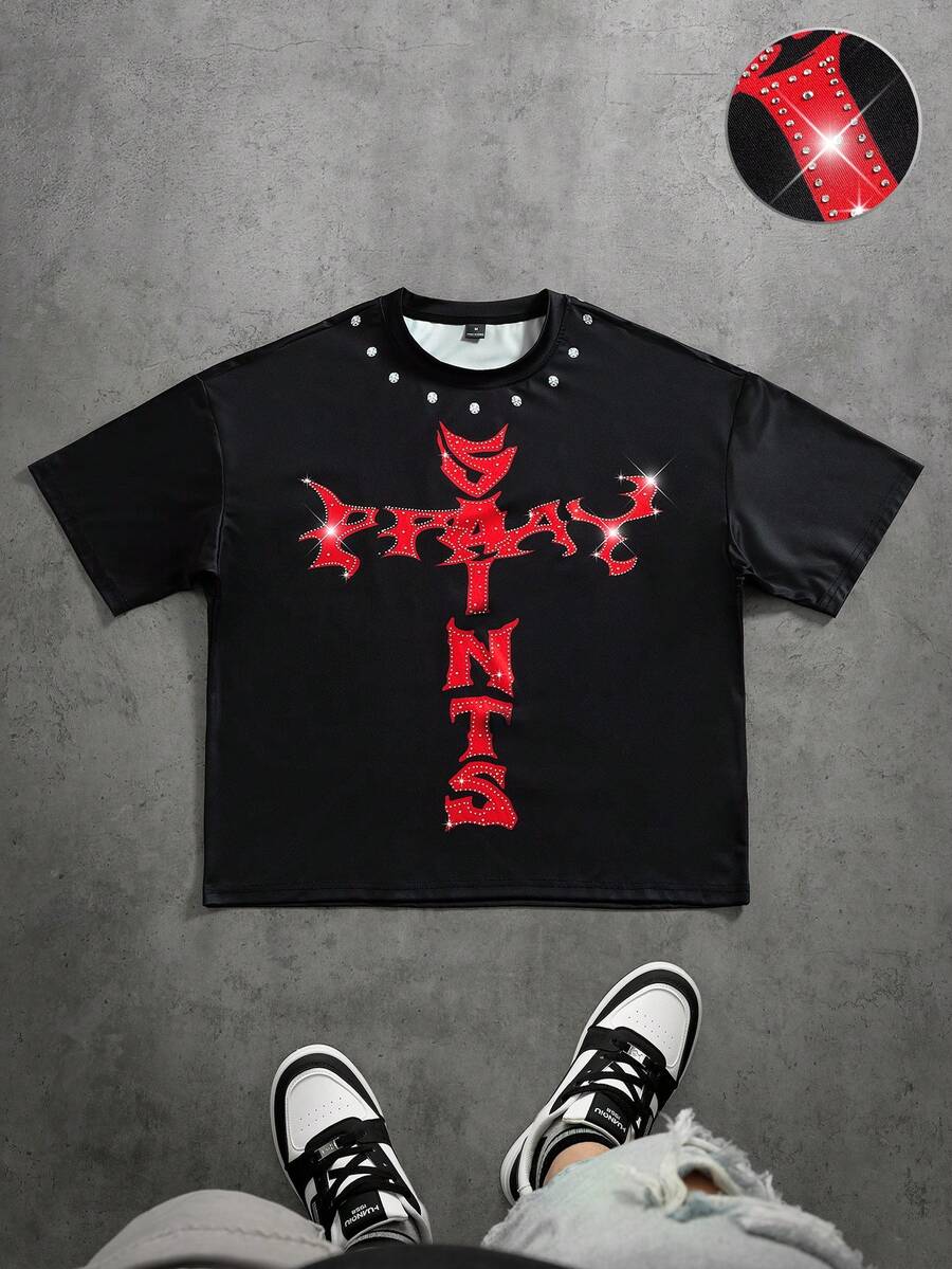 PAVTROS 男士休闲水钻字母图案圆领短袖T恤，夏季 - 彩色 - 查看 1