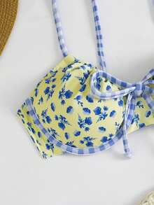 Swim Mod 新款女士优雅波西米亚风 Y2K 淡黄色碎花三角比基尼套装 - 两件式泳衣，饰有蓝色格纹滚边、正面蝴蝶结、可调节肩带和性感泳裤 - 可爱甜美复古海岸风沙滩装，适合夏季海滩度假、泳池派对和音乐节 - 彩色 - 查看 6