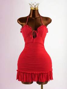 SaltGleam SaltGleam Đầm ngắn ôm sát gợi cảm dành cho nữ, cổ yếm, thắt nơ phía trước, khoét lưng, thân áo xếp ly, viền bèo nhún. - Đỏ - Xem 5