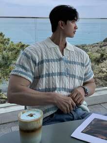 DAZY Áo thun nam tay ngắn cổ polo kẻ sọc xanh dương trắng, thích hợp mặc mùa hè. - Nhiều màu - Xem 7