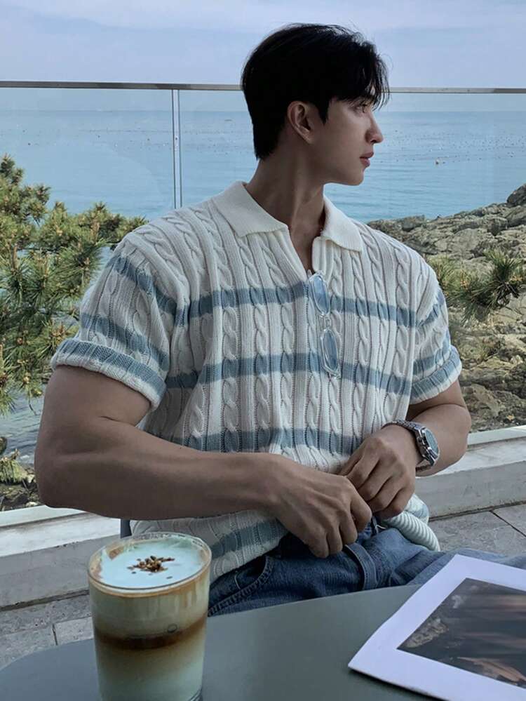 Men's Short Sleeve Blue Striped White Polo Collar Knit Top, Summer