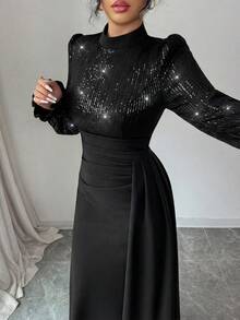 SHEIN Elenzya 女士优雅亮片装饰长袖收腰连衣裙，适合宴会、派对、婚礼宾客、新年、圣诞节等场合。 - 黑色 - 查看 4