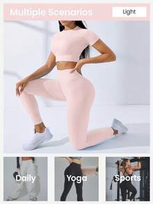 SHEIN Core Rhythm 2PCS/1SET Women's Solid Color Textured High Elasticity Shapewear Seamless Sports Set,Light Pink Summer Athleisure Gym Quick Dry 4-Way Stretch Outfit - Dusty Pink - View 10