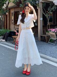 DAZY Bộ áo và chân váy kiểu Hàn Quốc dành cho nữ, phối ren, tươi tắn và thanh lịch, thích hợp cho các bữa tiệc, mùa xuân/hè. - trắng - Xem 6