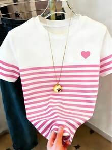 Resyla Standard Fit Heart Striped Digital Print T-Shirt - Multicolor - View 4