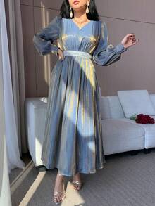 DAZY Đầm dài nữ thanh lịch phối màu, đính sequin, cổ chữ V, tay phồng, xếp ly, thích hợp cho dự tiệc cưới mùa xuân/hè. - Màu xanh lam - Xem 1