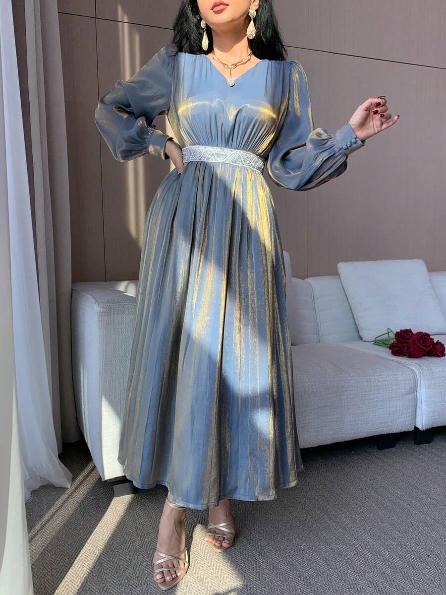 DAZY Đầm dài nữ thanh lịch phối màu, đính sequin, cổ chữ V, tay phồng, xếp ly, thích hợp cho dự tiệc cưới mùa xuân/hè. - Màu xanh lam - Xem 1