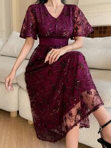 DAZY Elegantes Damen Kleid mit V-Ausschnitt und Pailletten in Knielänge, Sommerkleid für Hochzeitsgäste - Heißes Pink - Übersicht 4