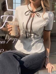 Elyressa 女士夏季系领短袖修身优雅衬衫 - 杏色 - 查看 4