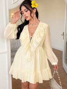 Celure 大码女式V领长袖褶皱腰部喇叭裙摆舒适优雅连衣裙 - 杏色 - 查看 3