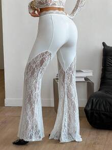 Coolane Women's Spring/Summer Concert Rave Festival Going Out Rave Fair Y2K Luxury Contrast Lace White Petite Bell Bottoms - White - View 3