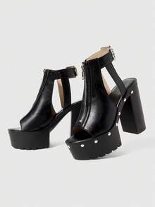 ROMWE Women's Thick Sole Zipper Design High Heel Fashion Sandals - Black - View 5