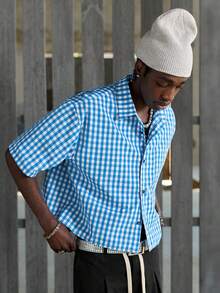 NEON BLANC Áo sơ mi nam tay ngắn kẻ caro, cài một hàng khuy, kiểu dáng thường ngày, có túi. - Màu xanh lam - Xem 2