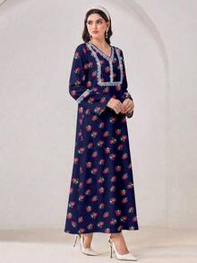 Al Najma Printed V-Neck Minimalist Conservative Arabic Style Dress - Multicolor - View 4