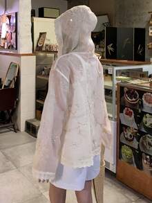 DAZY Women's Lightweight Floral Embroidered Drop Shoulder Hooded Jacket, Summer - White - View 4