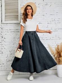 EMERY ROSE Women's Fashion Pocket Flare Denim Skirt - Dark Wash - View 4