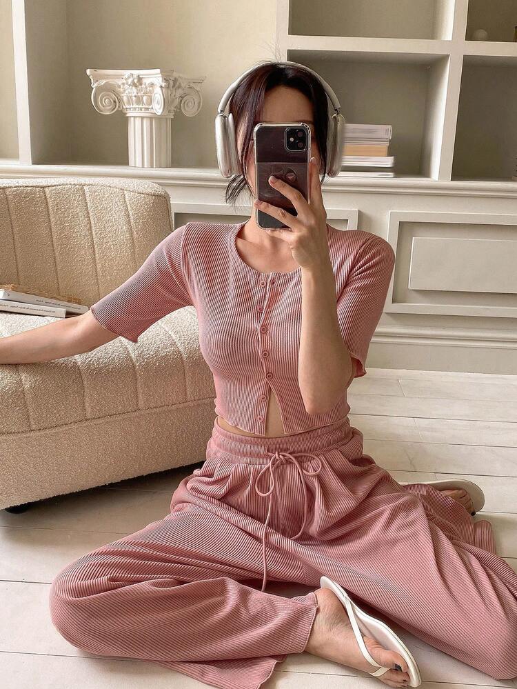 2pcs Women Soft Dusty Pink Jacket And Pants Comfy Casual Loungewear Set Summer
