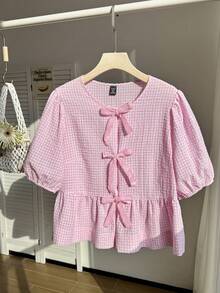 SHEIN EZwear 加大码女士夏季印花荷叶边下摆上衣，饰有蝴蝶结 - 粉色 - 查看 4
