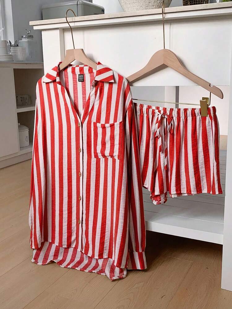 SHEIN Comfortcana 2 Peças Conjunto de Top de Manga Longa com Botões na Frente e Shorts Listrados Tecidos, Vermelho e Branco - Vermelho e Branco - Visão 7