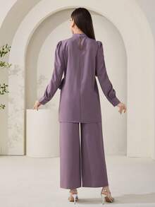 Veilorie 女士纯色立领长袖系腰镶钻衬衫和裤子优雅两件套 - 紫色 - 查看 3